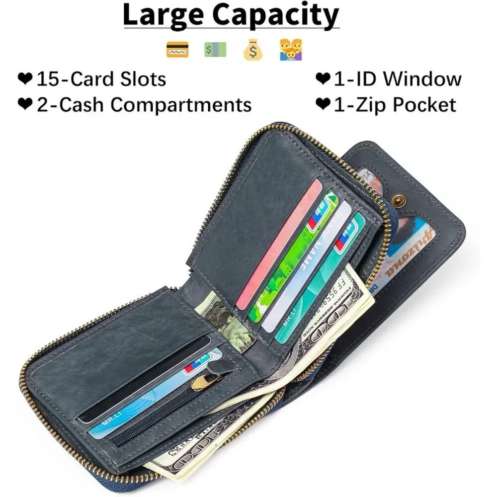 Men's A-Dark Blue Wallets Genuine Leather Front Around Zip Pocket Credit Card